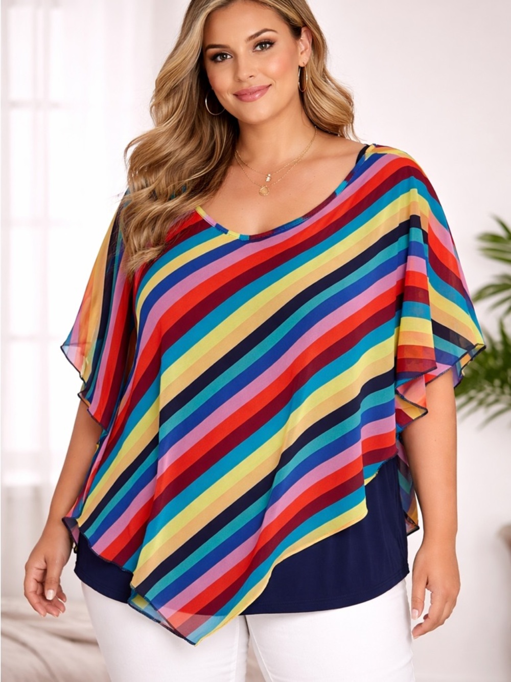 Vibrant Rainbow Striped Asymmetric Top
